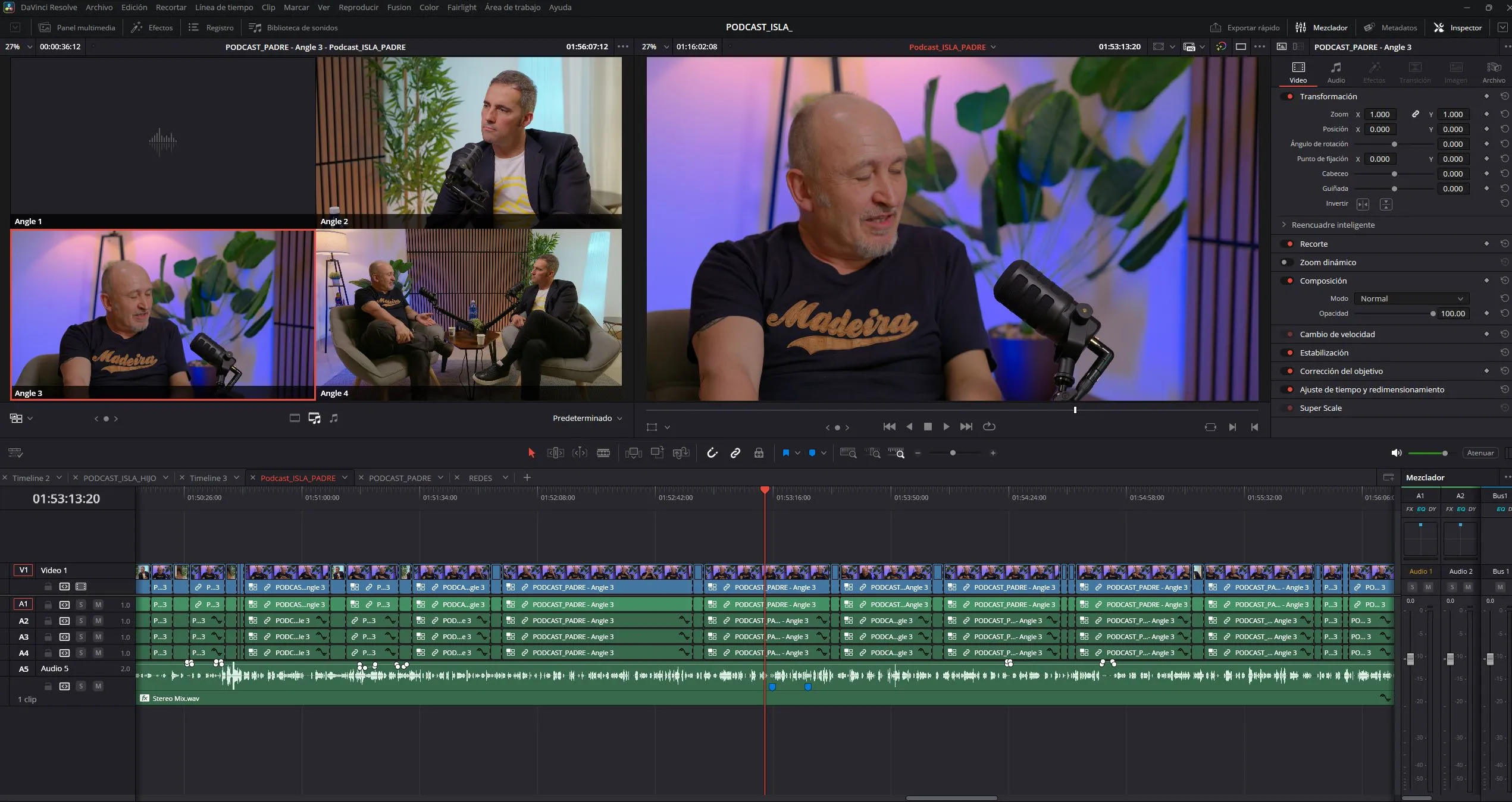 Captura de pantalla de la línea de tiempo de edición y color grading en GrosMedia