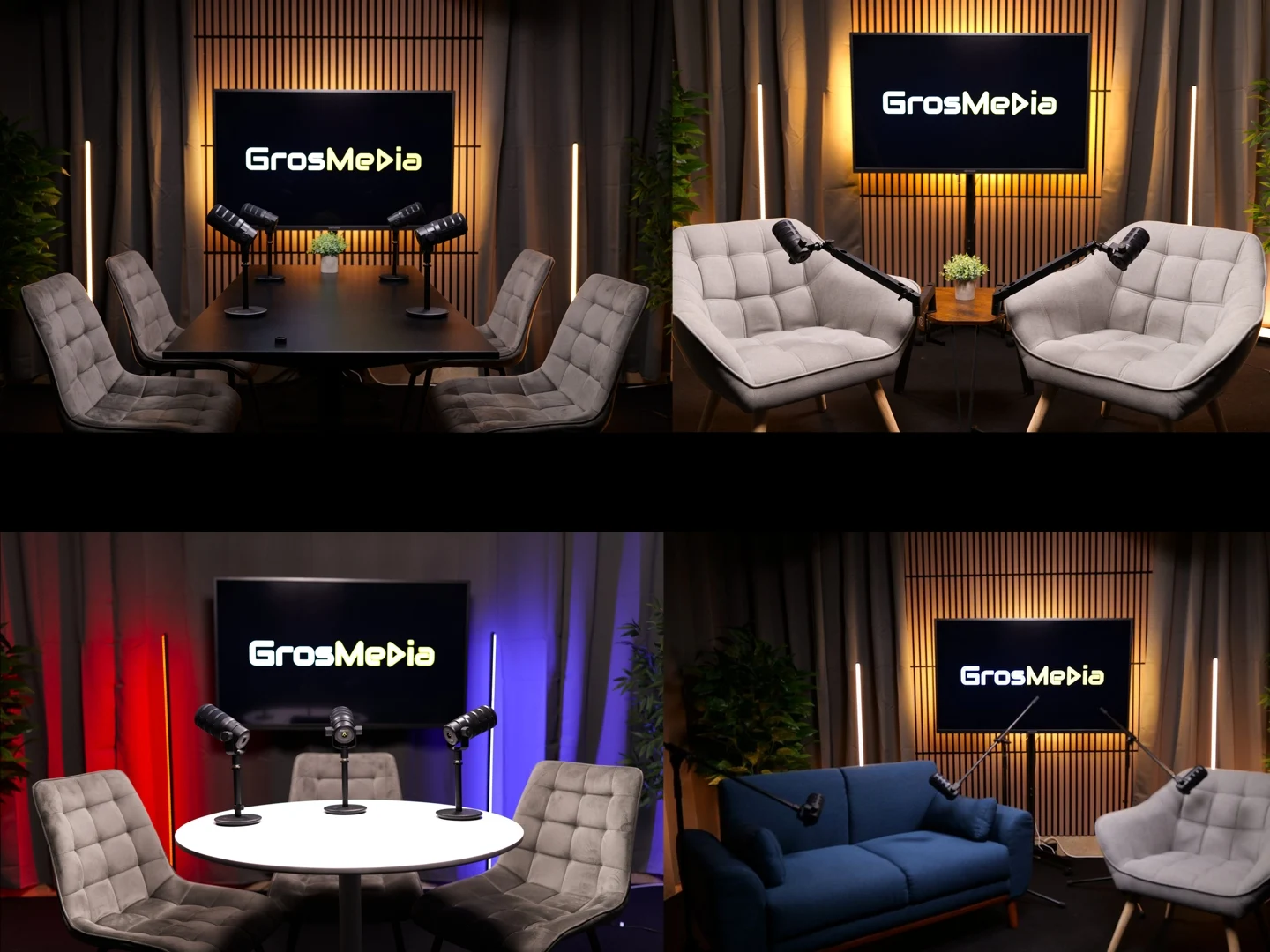 Variedad de sets del estudio GrosMedia: mesa rectangular, butacas, mesa redonda y sofá